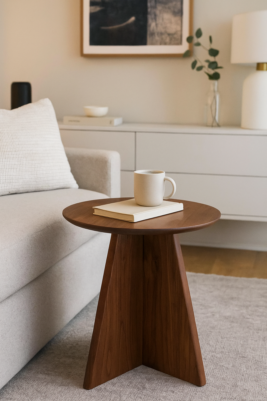 Solid Wood Trinity Side Table | Modern Round Coffee Table with Geometric Base