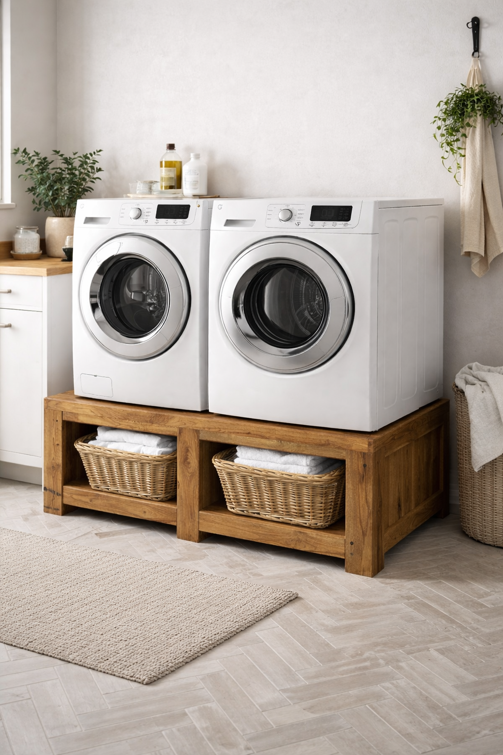 Deskvue Solidwood Laundry Room Washer Dryer Pedestal | Anti-Skid Mat | Teakwood |