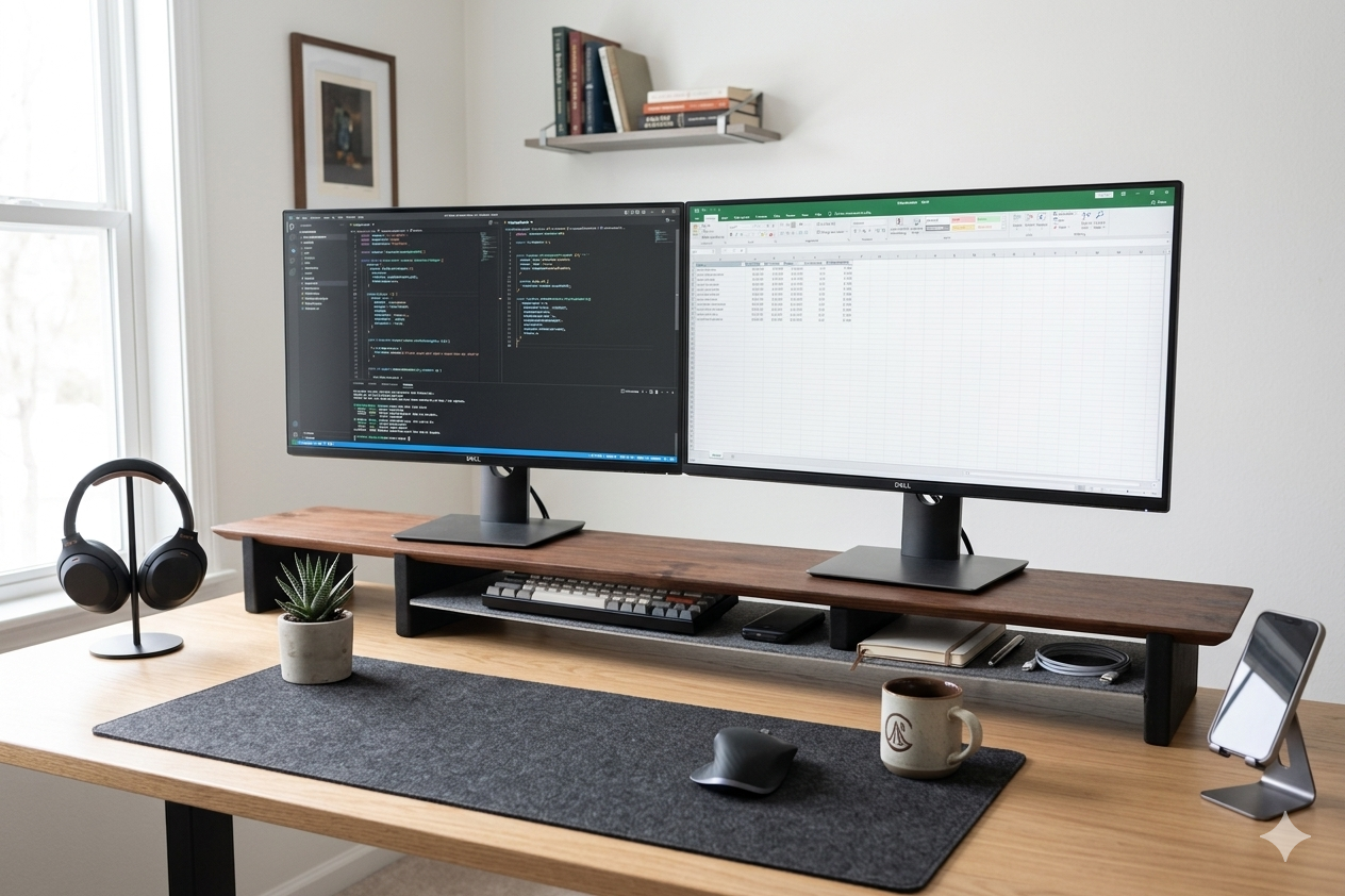 58" and 46" Desk Shelf with Undershelf | Dual Monitor Stand | Large Working Station | Riser