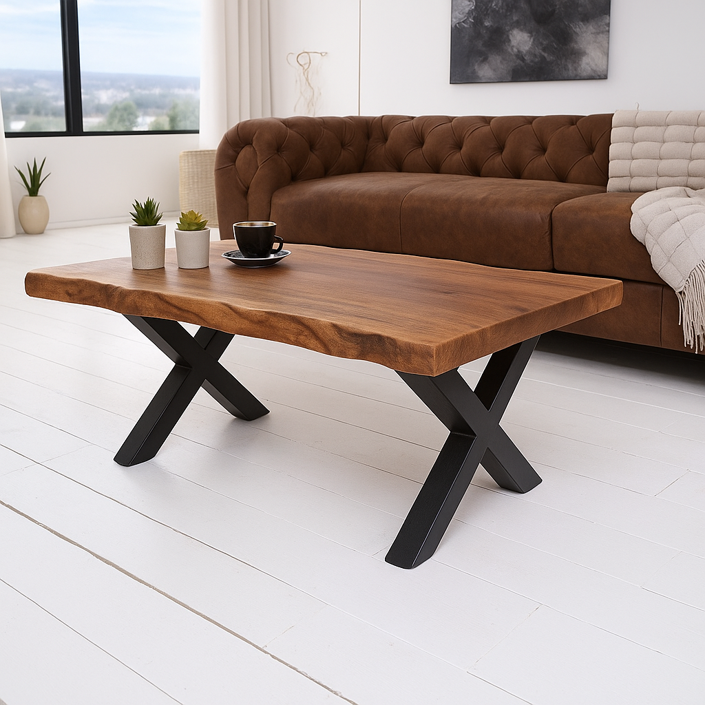 Handmade Solid Wood Coffee Table 1.5" Thick | Modern Metal Leg Centre Table | Live Edge