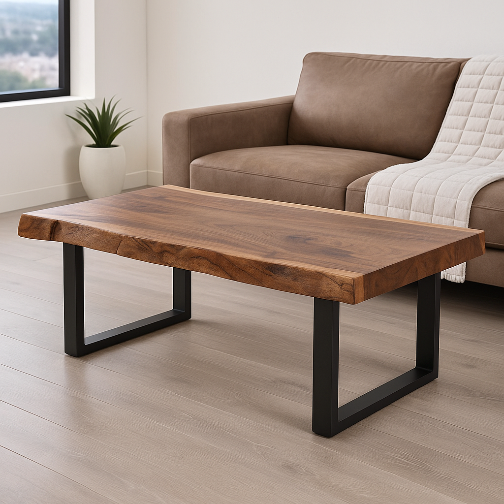 Handmade Solid Wood Coffee Table 1.5" Thick | Modern Metal Leg Centre Table | Live Edge