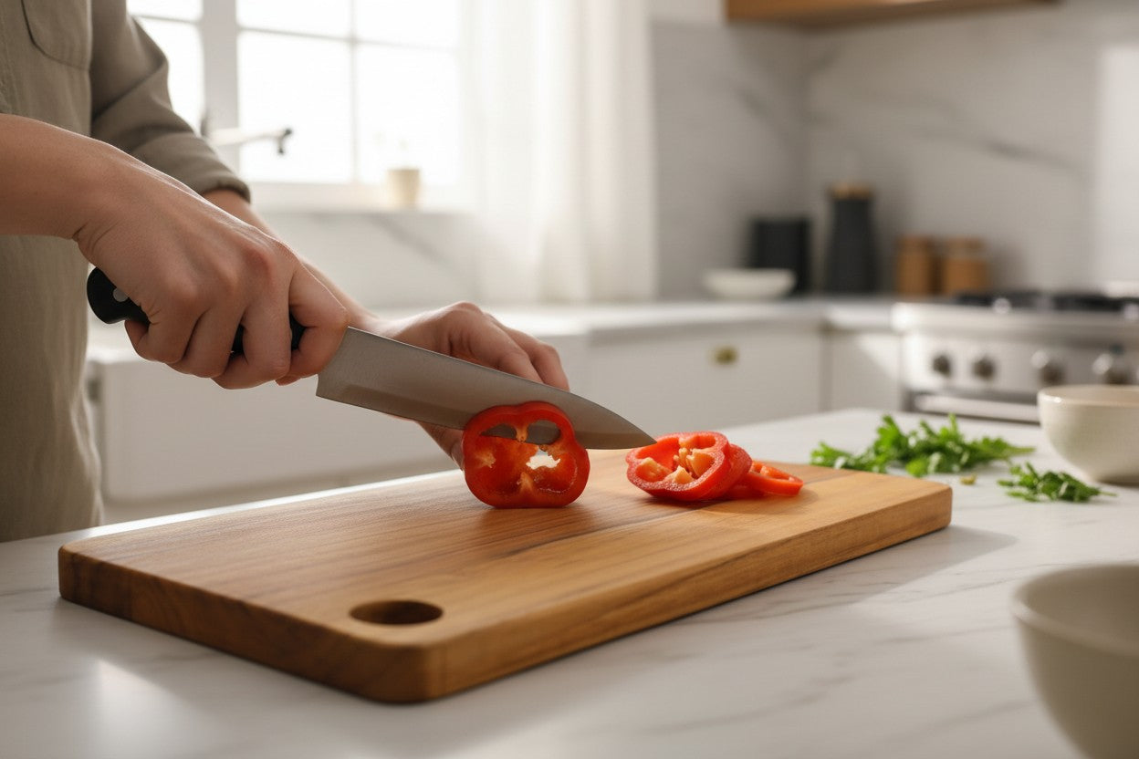 Solid Teak Cutting Board with Handle | Handmade Kitchen Chopping Board | Light Cutting Board | 0.75" Thick |