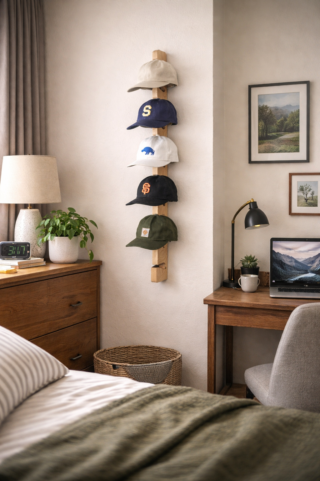 Deskvue Solid Wood Vertical Cap Rack | Minimal Wall Mounted Design | Hat Holder