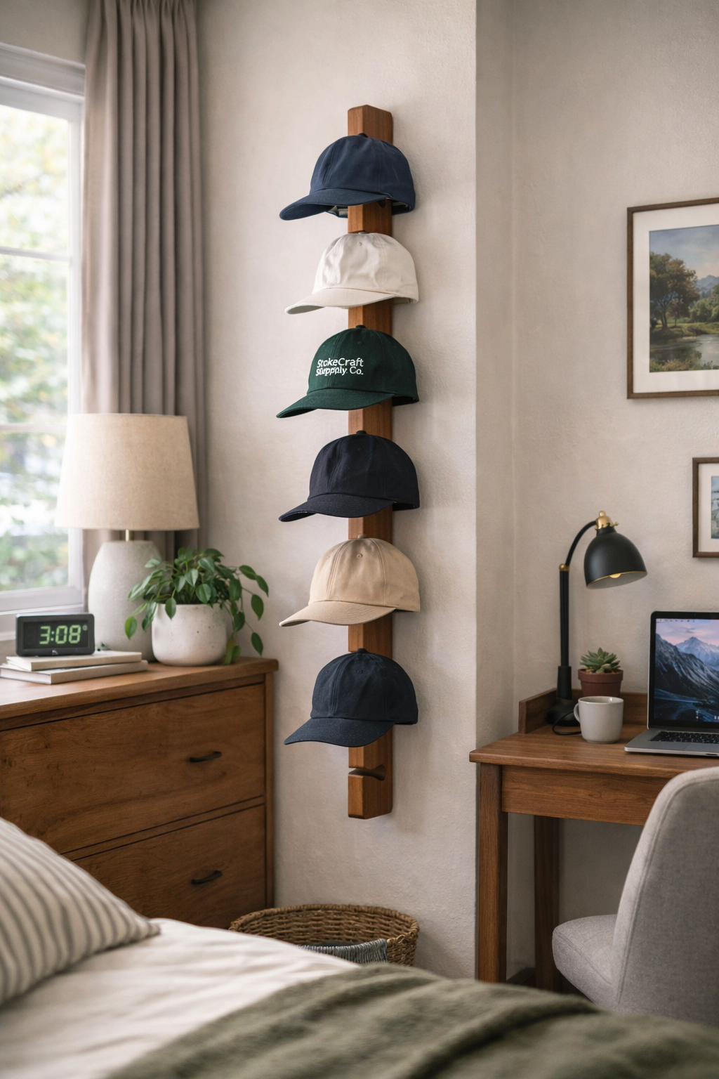 Deskvue Solid Wood Vertical Cap Rack | Minimal Wall Mounted Design | Hat Holder