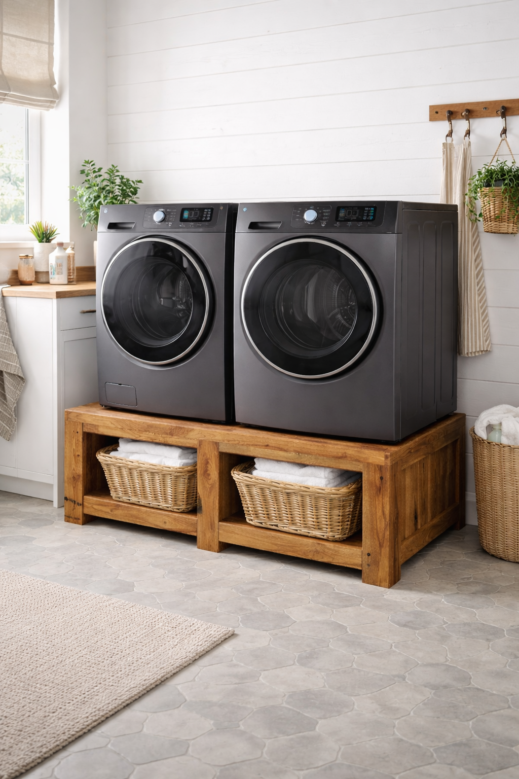 Deskvue  Solidwood Laundry Room Washer Dryer Pedestal | Anti-Skid Mat | Teakwood |