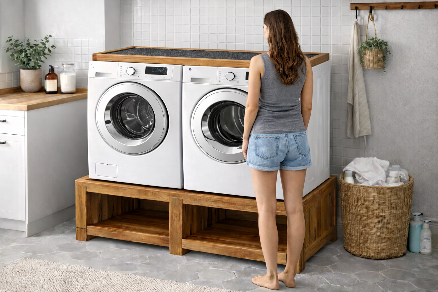 Deskvue  Solidwood Laundry Room Washer Dryer Pedestal | Anti-Skid Mat | Teakwood |