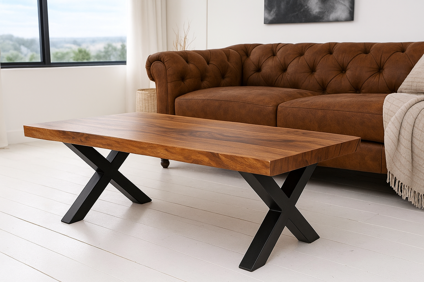 Handmade Solid Wood Coffee Table 1.5" Thick | Modern Metal Leg Centre Table | Live Edge