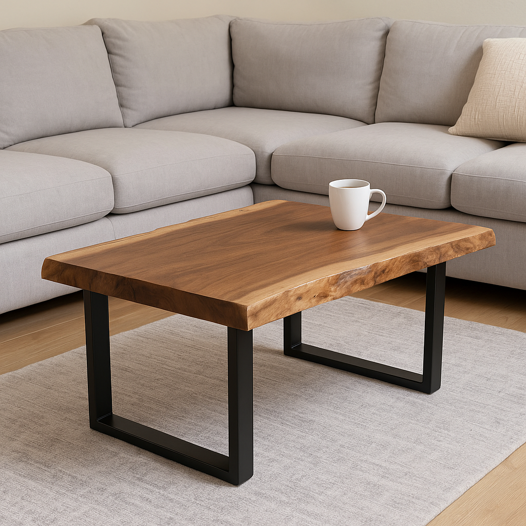 Handmade Solid Wood Coffee Table 1.5" Thick | Modern Metal Leg Centre Table | Live Edge