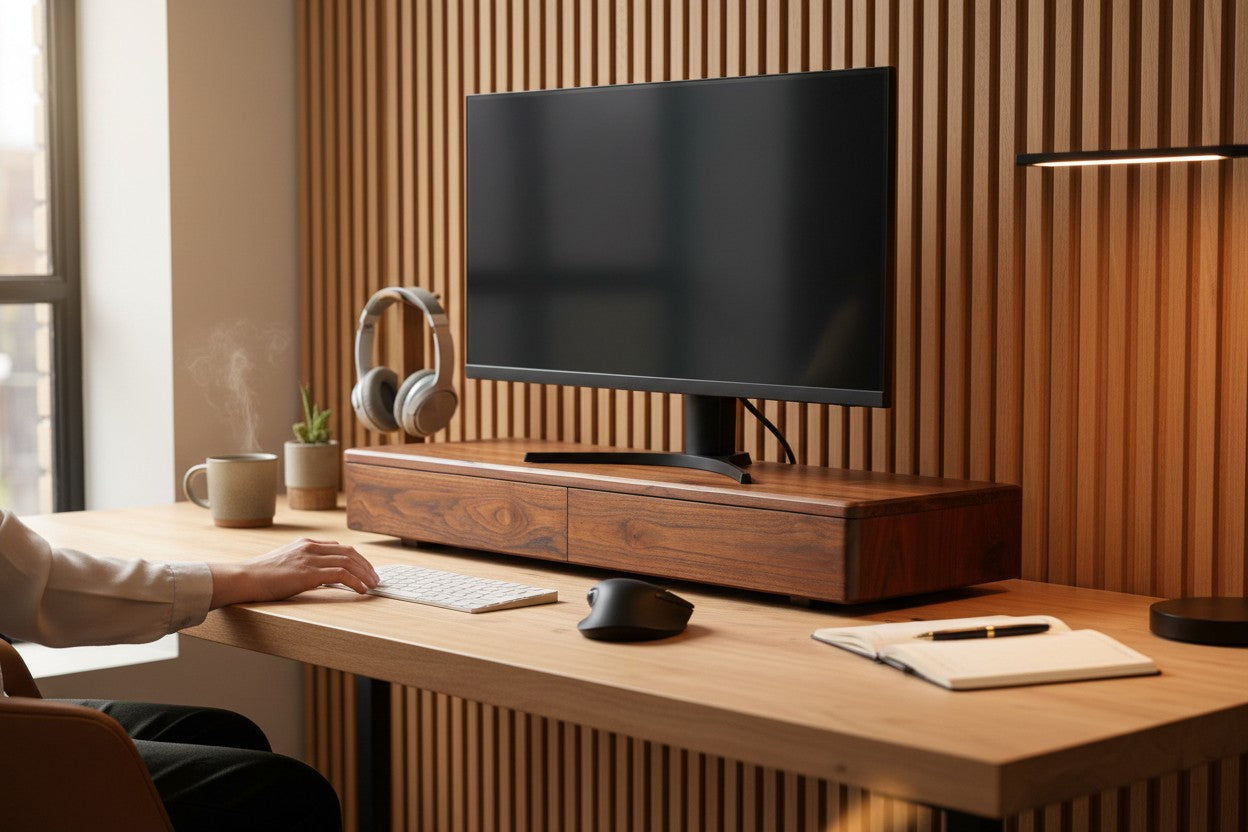 Deskvue Teakwood Monitor Stand | 2 Drawer with Cork Inserts | Workspace and Gaming Setup Organizer | No Assembly Required | Japanese Craftsmanship inspired |