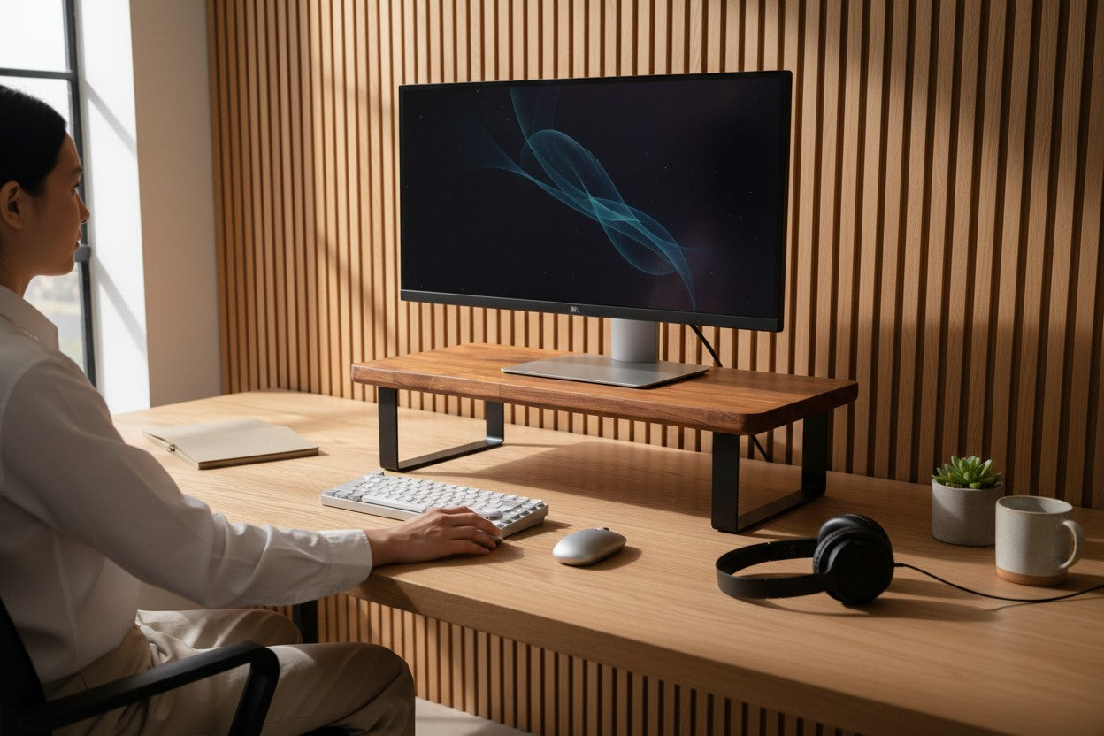 Deskvue Handmade Wooden Monitor Stand with Metal Legs | Solid Wood Monitor Riser for Desk | Ergonomic Laptop & Monitor Shelf | Rounded Edges |