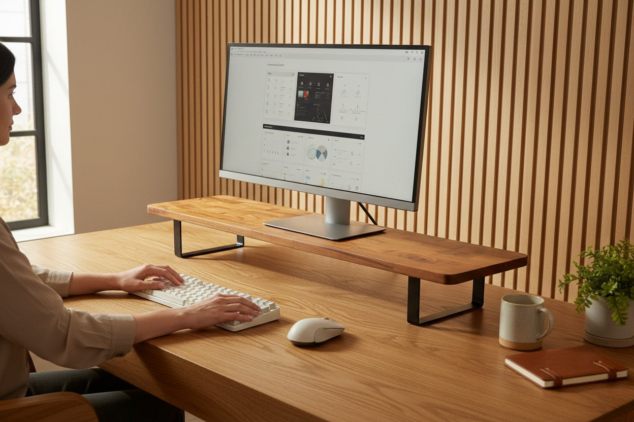 Deskvue Handmade Wooden Monitor Stand with Metal Legs | Solid Wood Monitor Riser for Desk | Ergonomic Laptop & Monitor Shelf | Rounded Edges |