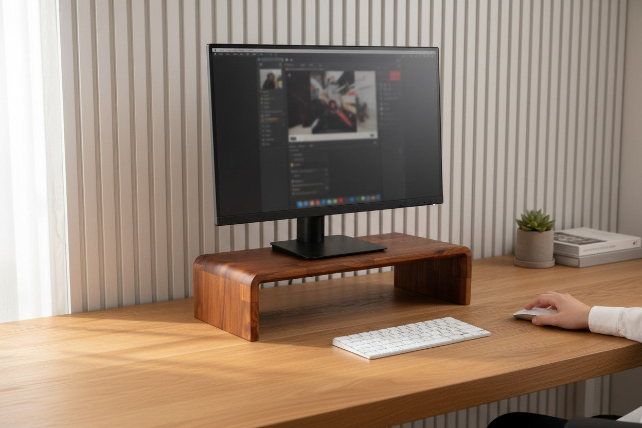 Deskvue Solid Wooden Computer Monitor Stand | Handmade Wooden Monitor Riser with Rounded Edges | Karlby Styled | Desktop Organizer | Ergonomic Desk Shelf |