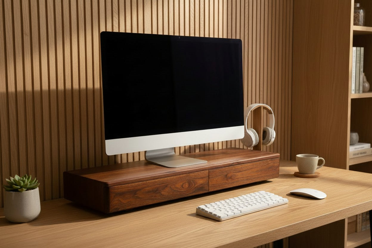 Deskvue Teakwood Monitor Stand | 2 Drawer with Cork Inserts | Workspace and Gaming Setup Organizer | No Assembly Required | Japanese Craftsmanship inspired |
