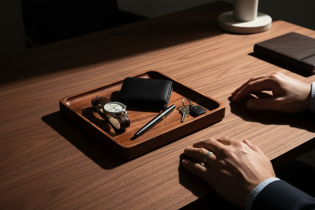 DeskVue SolidWood Valet Tray | Desk Accessories | Curvy Edge | Wooden Table Organizer | DeskShelf Drawer | Handmade Storage