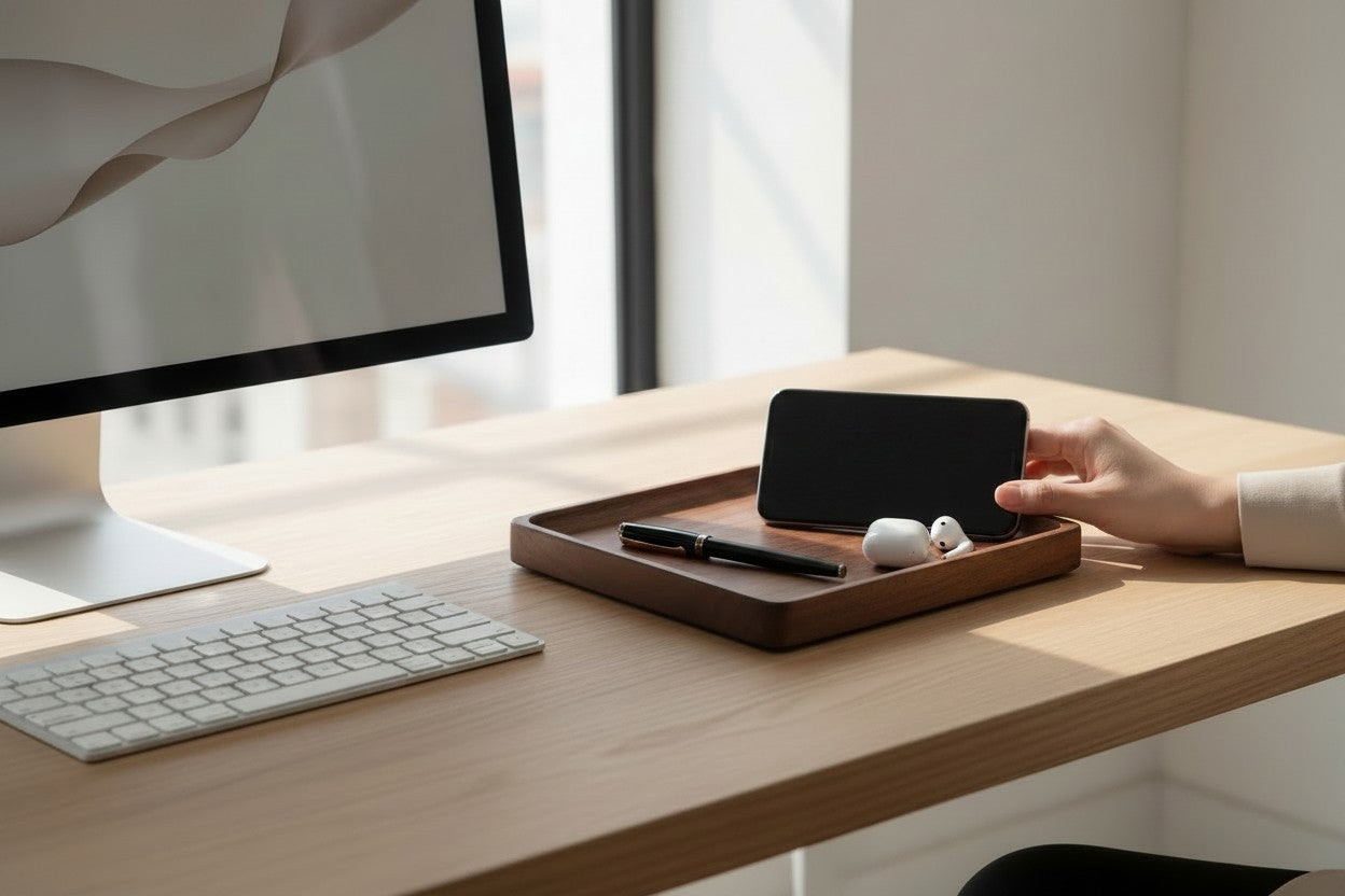DeskVue SolidWood Valet Tray | Desk Accessories | Curvy Edge | Wooden Table Organizer | DeskShelf Drawer | Handmade Storage