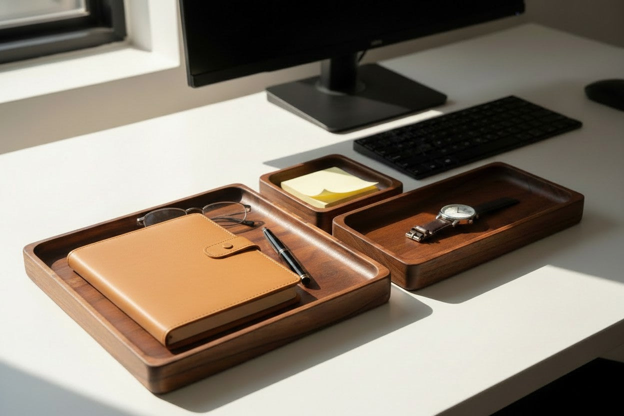 DeskVue SolidWood Valet Tray | Desk Accessories | Curvy Edge | Wooden Table Organizer | DeskShelf Drawer | Handmade Storage