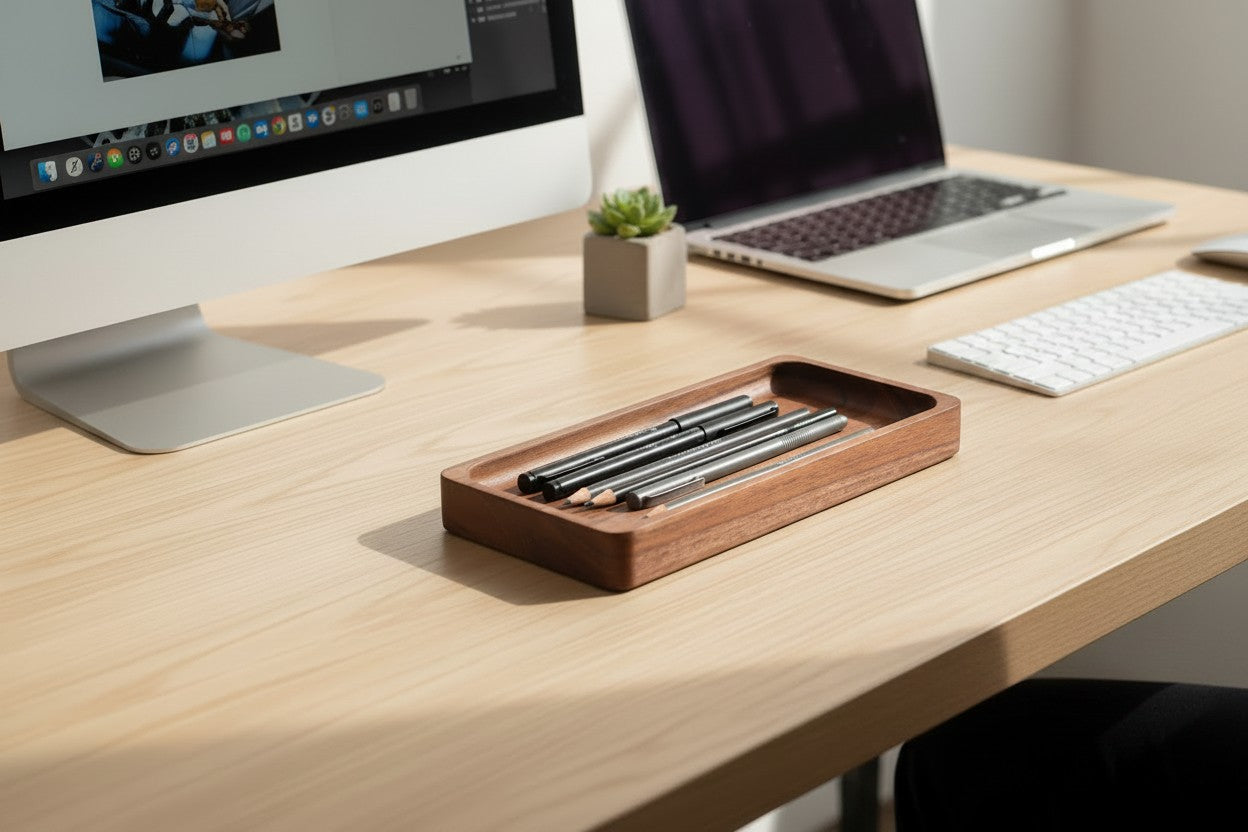DeskVue SolidWood Valet Tray | Desk Accessories | Curvy Edge | Wooden Table Organizer | DeskShelf Drawer | Handmade Storage