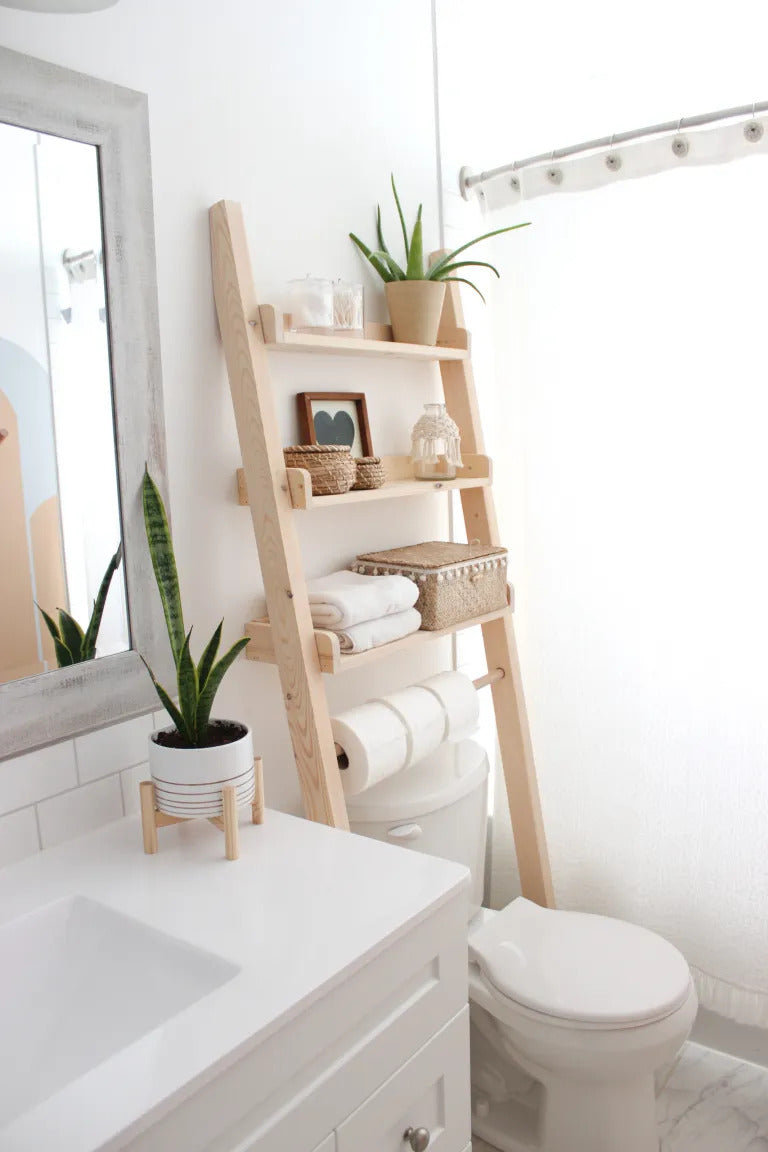 72" Tall Leaning over-the-Toilet LadderShelf | 3-tier Bathroom Storage for organization | Minimal home decor |  Solid wood Christmas gift