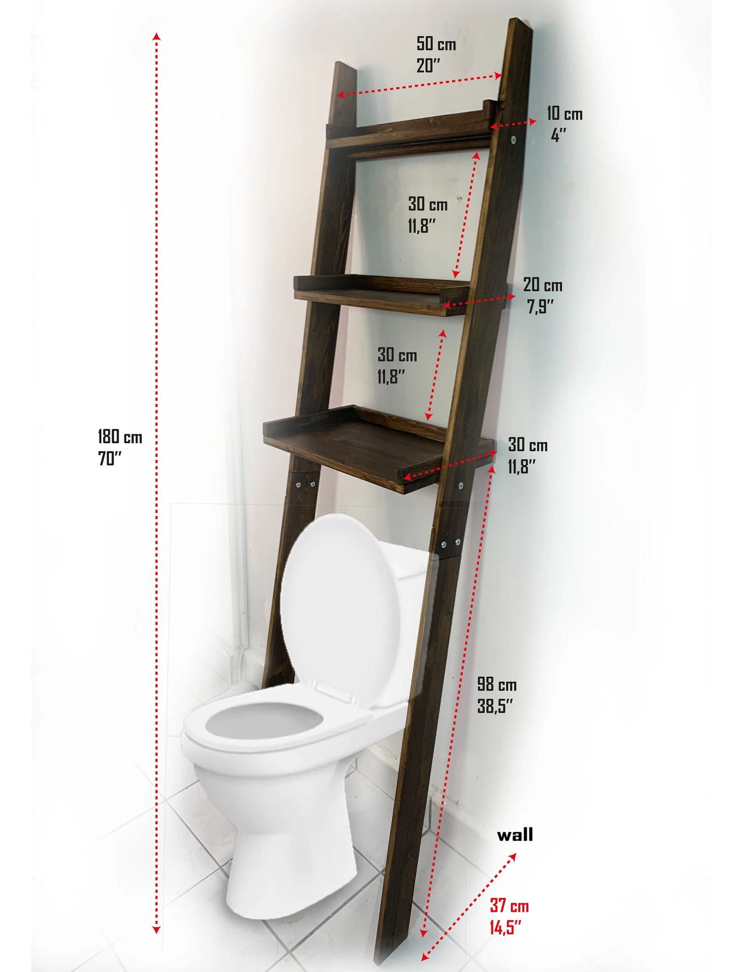 72" Tall Leaning over-the-Toilet LadderShelf | 3-tier Bathroom Storage for organization | Minimal home decor |  Solid wood Christmas gift