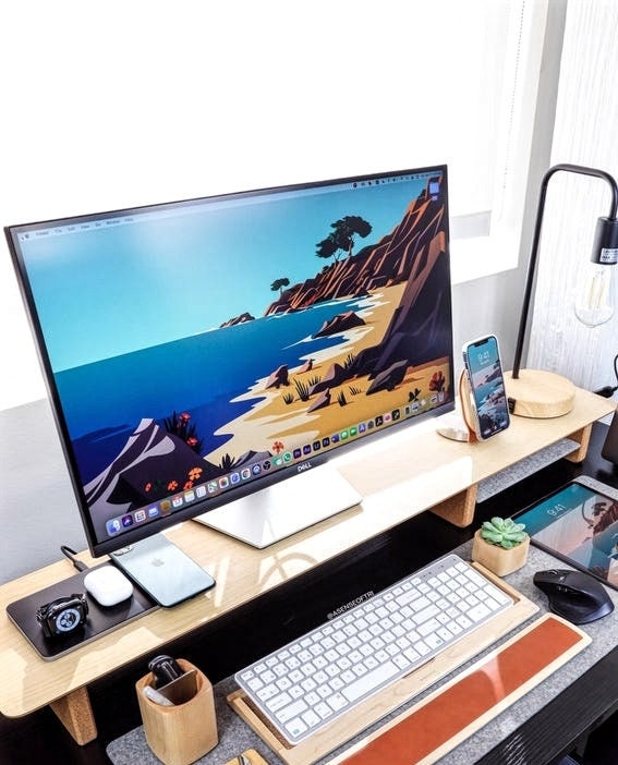 36" Wooden Monitor Riser | Deskshelf for Small Desks | Monitor Stand with aluminium shelf gives storage organization | Home Office Gifts